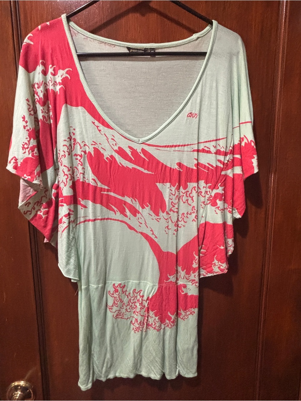 Lightweight Mint & Coral Wave-Print Draped V-Neck Tunic